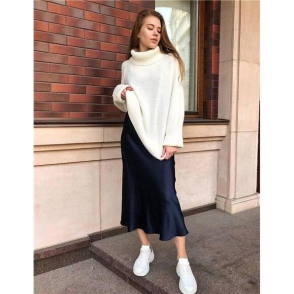 Womens Satin Skirts Zipper Elegant Navy Blue - Picture 3 of 6